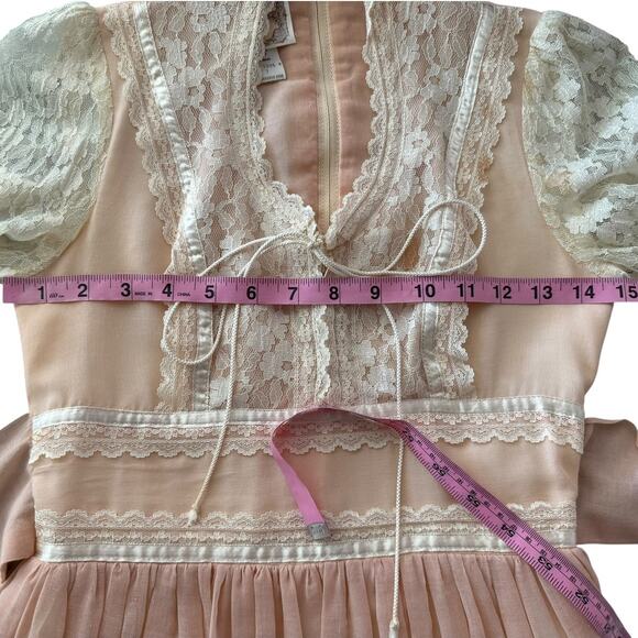 Gunne Sax Peach Lace Puff Sleeve Corset Top Maxi Dress XS Boho Prairie Western - Picture 9 of 15